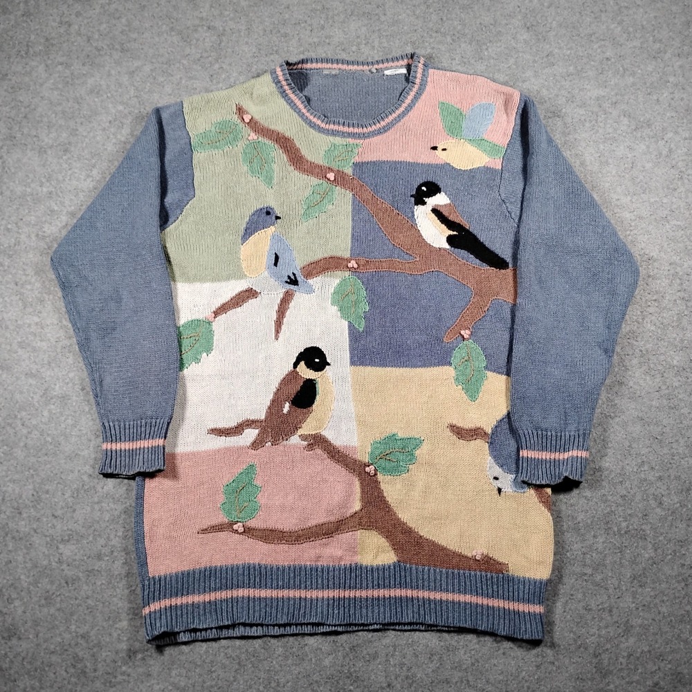 Vintage Bird Graphic Knit Crewneck Sweater Blue Colorblock Nature Cottagecore